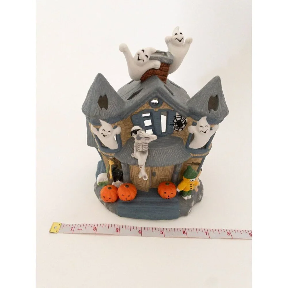 Ceramic Haunted House With Ghosts Halloween Decoration By PartyLite Tealight - Picture 2 of 11